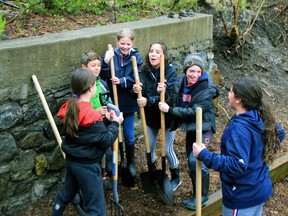 A group of elementary school students, tools at the ready, are primed for Earth Day yard work and urban agriculture projects.