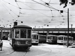 A tram leaves its station for Rachel St. in Montreal in an undated photo.