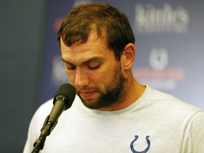 Indianapolis Colts quarterback Andrew Luck announces his retirement in a press conference after the game against the Chicago Bears at Lucas Oil Stadium on Aug 24, 2019.