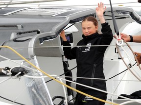 Swedish 16-year-old activist Greta Thunberg sails on the Malizia II racing yacht in New York Harbour as she nears the completion of her trans-Atlantic crossing in order to attend a United Nations summit on climate change in New York on August 28, 2019. REUTERS/