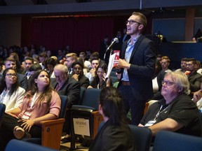 Quebec Liberal Party youth wing president Stephane Stril sparks to delegates to convince hem to vote for his proposition on interculturalism at the youth wing Party congress, Sunday, August 11, 2019 in Quebec City.