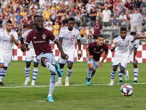 Colorado Rapids forward Kei Kamara (23) scores on a penalty kick during the first half against the Montreal Impact at Dicks Sporting Goods Park on Aug. 3, 2019.