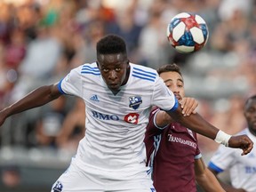 Montreal Impact defender Zakaria Diallo heads the ball against the Colorado Rapids during the first half at Dicks Sporting Goods Park on Aug. 3, 2019.