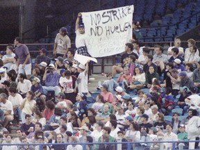 On Aug. 2, 1994, some of the 37,553 Montreal Expos fans at the Olympic Stadium express their displeasure at the prospect of a players strike that would, in the end, come to pass later that month. The St. Louis Cardinals were felled by the Expos that night, 5-4.
