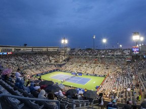 General view of central court as a match between Nick Kyrgios of Australia (not pictured) against Kyle Edmund of Great Britain (not pictured) has been delayed due to rain during the Rogers Cup tennis tournament at Stade IGA.
