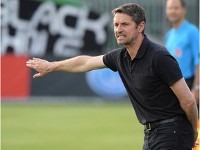 Remi Garde, who was fired as Montreal Impact head coach on Aug. 21, gestures during the first half of a Canadian Championship soccer match against York 9 at York Lions Stadium in Toronto on July 10, 2019.