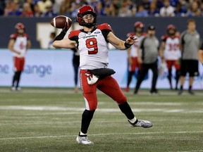 Calgary Stampeders quarterback Nick Arbuckle loads up to throw during CFL action against the Blue Bombers in Winnipeg on Thurs., Aug. 8, 2019.