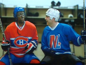 A Twitter picture showing actor Marc St-Martin, left, with his face painted black, doing an impersonation of Montreal Canadiens' P.K. Subban, during Théâtre du Rideau Vert year in review show in 2014.