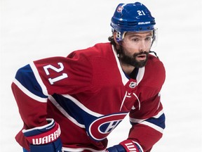 Canadiens forward Nate Thompson skates at Bell Centre during warmup before NHL game against the Philadelphia Flyers in Montreal on Feb. 21, 2019.