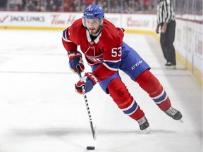 Canadiens defenceman Victor Mete carries the puck during game against the New York Islanders at the Bell Centre in Montreal on March 21, 2019.