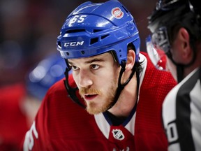 The Canadiens' Andrew Shaw lines up for faceoff during NHL game against the New York Islanders at the Bell Centre in Montreal on March 21, 2019.