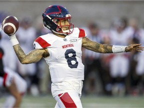 Montreal Alouettes quarterback Vernon Adams Jr. fires a touchdown pass during first half of a preseason game against the Ottawa Redblacks in Montreal on June 6, 2019.