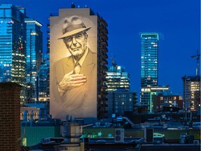 The setting for the unveiling of three stamps featuring Leonard Cohen overlooks the giant Cohen mural on Crescent St.