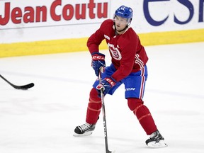 Ryan Poehling handles the puck during the Montreal Canadiens' development camp at the Bell Sports Complex in Brossard on June 26, 2019.