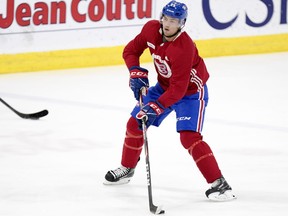 Ryan Poehling handles the puck during Canadiens development camp at the Bell Sports Complex in Brossard on June 26, 2019.