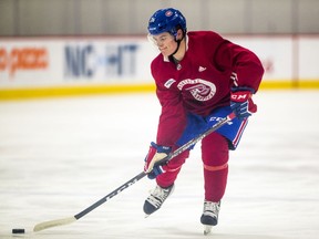 Canadiens prospect Cole Caufield skates through a drill during development camp at the Bell Sports Complex in Brossard on June 26, 2019.