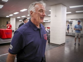 Montreal Alouettes interim general manager Joe Mack leaves a news conference to answer questions about the firing earlier in the day of general manager Kavis Reed in Montreal on July 14, 2019.
