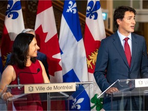 Valérie Plante with Liberal Leader Justin Trudeau at Montreal city hall on Aug. 21, 2019. The mayor says she and members her administration are staying neutral in the Oct. 21 federal election.