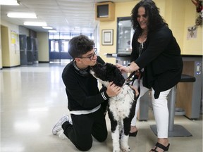 John Rennie High School student Emile Nackley gets to know Lulu the comfort dog a bit better along with Beth Randolph at the school on Tuesday.