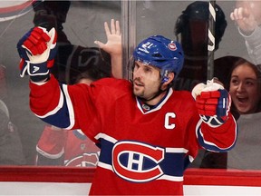 Montreal Canadiens' Brian Gionta celebrates his second period goal against the Florida Panthers in Montreal on Jan. 6, 2014.