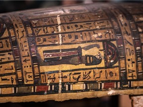 Hieroglyphs adorn one of the coffins in Egyptian Mummies: Exploring Ancient Lives.