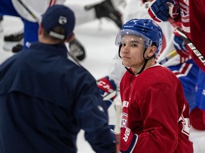 Nick Suzuki listens to instructions during the Canadiens rookie camp at the Bell Sports Complexe in Brossard on Sept. 6, 2019.