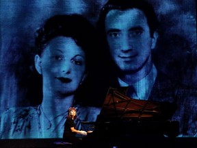 Mona Golabek performs under the watchful eyes of her parents, concert pianist Lisa Jura and French Resistance hero Michel Golabek, in The Pianist of Willesden Lane. “I would think a lot about who she was in life,” Golabek says of the challenge of playing her own mother, who escaped Nazi-ruled Austria by means of the Kindertransport.