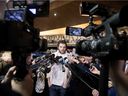 Alex Galchenyuk speaks to the media as Canadiens players cleared out their lockers at the Bell Sports Complex in Brossard on April 9, 2018, after failing to make the NHL playoffs.