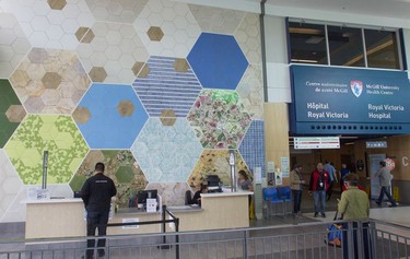 Structura habitata, a mosaic by artist Shelly Miller that features  multiple hexagons "embraces and celebrates the beauty and curiosities of life," at the Royal Victoria Hospital entrance to the MUHC Glen site.
