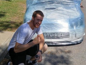 Patrick Chouinard, seen here in front of a friend's car he and others  wrapped in plastic as a gag. Chouinard died in September 2017 when he drove his car into a concrete wall on Autoroute Duplessis. He was 20.