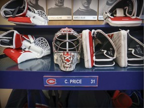 Canadiens goalie Carey Price’s equipment sits in his stall in locker room at the Bell Sports Complex in Brossard on April 9, 2019, after team missed the playoffs for the second straight season.