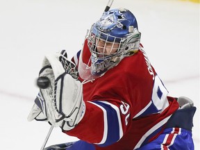 Montreal Canadiens rookie goalie Alexis Shank makes a glove save during exhibition game against Quebec university all-star team at the Bell Sports Complex in Brossard on Tuesday September 10, 2019.