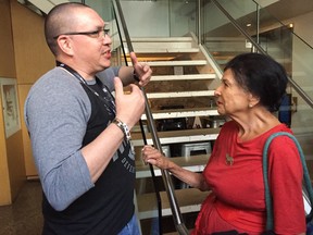 Mi'kmaq filmmaker Jeff Barnaby shares a moment with Abenaki director Alanis Obomsawin at SODEC's cocktail for the Quebec film industry during the Toronto International Film Festival on Sunday, Sept. 8, 2019.