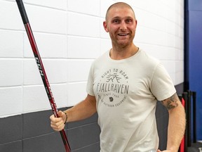 Karl Alzner is all smiles on the first day of Canadiens training camp at the Bell Sports Complex in Brossard on Sept. 12, 2019.