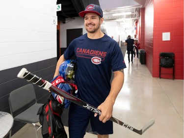 Opening day of training camp for the Montreal Canadiens involved off-ice testing at the Bell Sports Complexe in Brossard on Thursday September 12, 2019. Defenseman Xavier Ouellet walks through the hallway during opening day of training camp.  Dave Sidaway / Montreal Gazette ORG XMIT: 63135