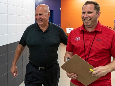 Opening day of training camp for the Montreal Canadiens involved off-ice testing at the Bell Sports Complexe in Brossard on Thursday September 12, 2019. Coach Claude Julien, left, during opening day of training camp. Dave Sidaway / Montreal Gazette ORG XMIT: 63135