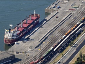 A Canada Steamship Lines bulk cargo ship in the Port of Montreal in 2018.