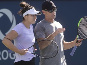 Canadian tennis star and 2019 U.S. Open champion Bianca Andreescu with her coach coach Sylvain Bruneau during afternoon practice at IGA Stadium in Montreal on Monday Sept. 16, 2019.