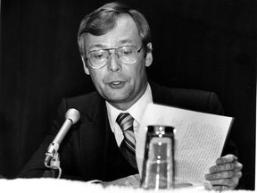 Former Montreal Gazette publisher Robert McConnell at a Royal Commission examining the newspaper industry. Photo is from 1981.