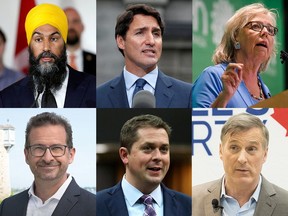 Clockwise, top left: Jagmeet Singh, Justin Trudeau, Elizabeth May, Maxime Bernier, Andrew Scheer and Yves-François Blanchet. May and Bernier will not be participating in Wednesday evening's debate on TVA.