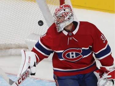 Montreal Canadiens goaltender Carey Price looks back on puck after goal of Florida Panthers Owen Tippett during first period NHL exhibition game in Montreal on Thursday September 19, 2019.