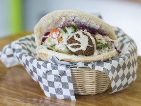 Falafel St. Jacques’ classic sandwich features plum-size falafel balls.