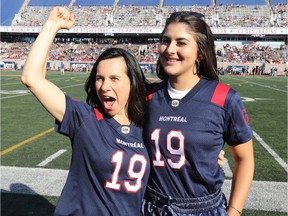 Montreal Mayor Valérie Plante, left, and Canadian tennis star and 2019 U.S. Open champion Bianca Andreescu prior to the football game between the Alouettes and the Winnipeg Blue Bombers on Saturday, Sept. 21, 2019, in Montreal.