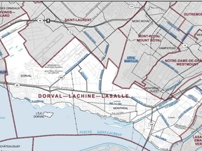 A map of the Dorval–Lachine–LaSalle riding.