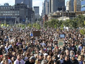 Protesters fill the bottom of Robert-Bourassa Blvd. at the end of the climate march in Montreal on Sept. 27, 2019. Quebec's Environment Ministry has launched an online public consultation that could help shape government policy.