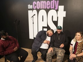 From left, Viveth Kanagaratnam, Chris Venditto, Tyler Lemco and Lucy Gervais perform a mock comedy roast at the Comedy Nest in Montreal Sept. 28, 2019.