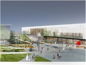 An illustration of the Vaudreuil-Dorion municipal hub, which will include the city hall and library, pictured to the right, and a future aquatic centre.