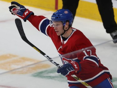 Montreal Canadiens Brett Kulak celebrates his goals against Florida Panthers goaltender Sam Montembeault during second period NHL exhibition game in Montreal on Thursday September 19, 2019.