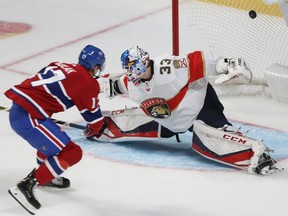 Montreal Canadiens Brett Kulak (17) scores on Florida Panthers goaltender Sam Montembeault during second period NHL exhibition game in Montreal on Thursday September 19, 2019.