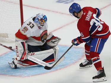 Montreal Canadiens Phil Varone (36) puts puck past Florida Panthers goaltender Sam Montembeault during shootout and give montreal the win against the Florida Panthers in NHL exhibition game in Montreal on Thursday September 19, 2019.